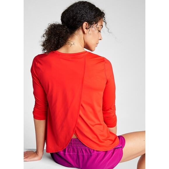 Athleta Sunlover UPF Tulip Back Top long sleeve orange logo solid stretchy Small - Picture 6 of 9
